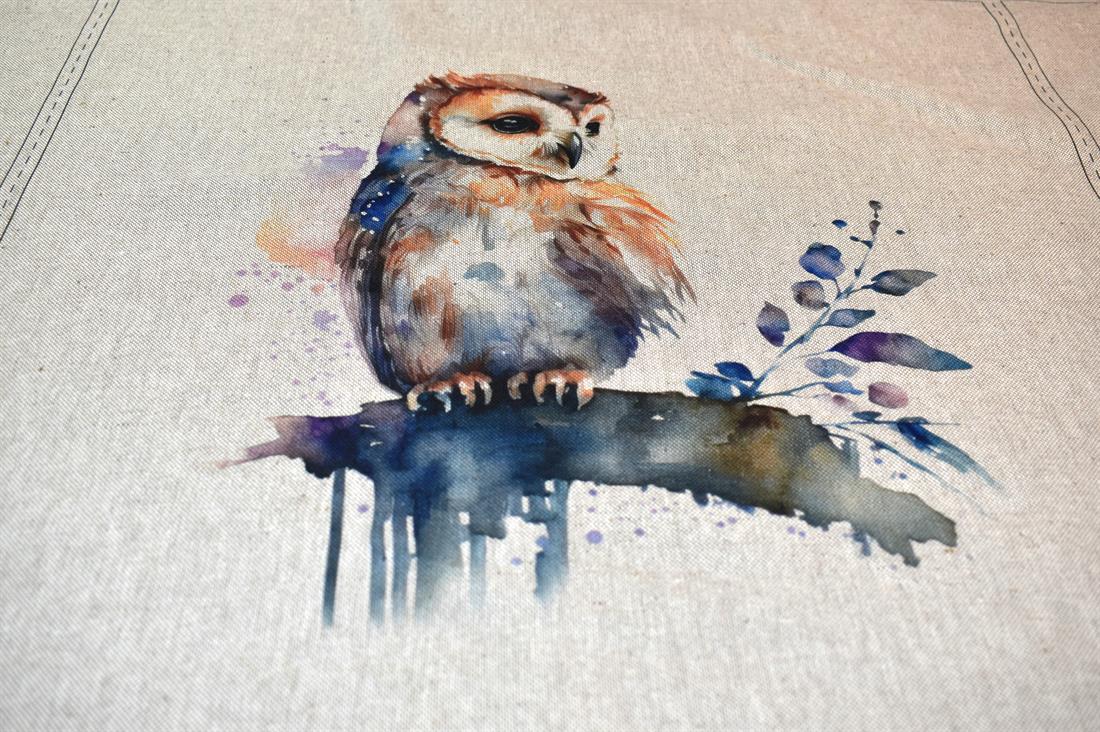 Natural Watercolour Owl Panels Printed Digital Canvas Fabric