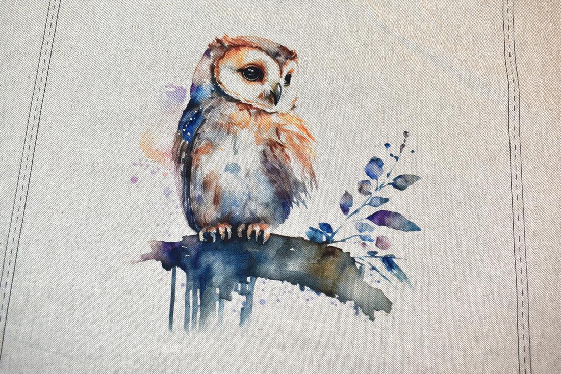 Natural Watercolour Owl Panels Printed Digital Canvas Fabric