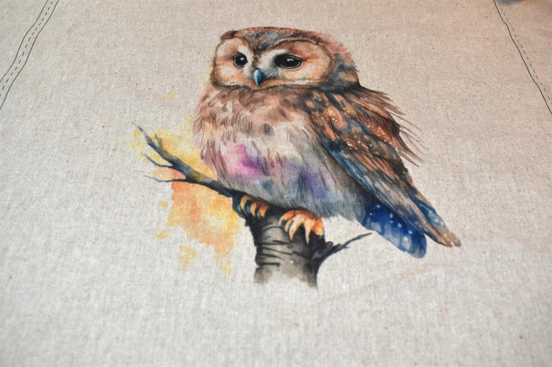 Natural Watercolour Owl Panels Printed Digital Canvas Fabric