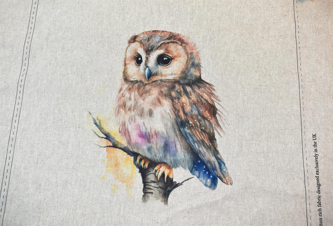 Natural Watercolour Owl Panels Printed Digital Canvas Fabric