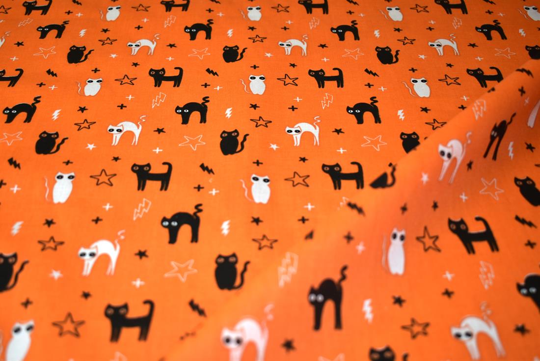 Spooky Cat Print Halloween Spooked Poly/Cotton Dress Fabric