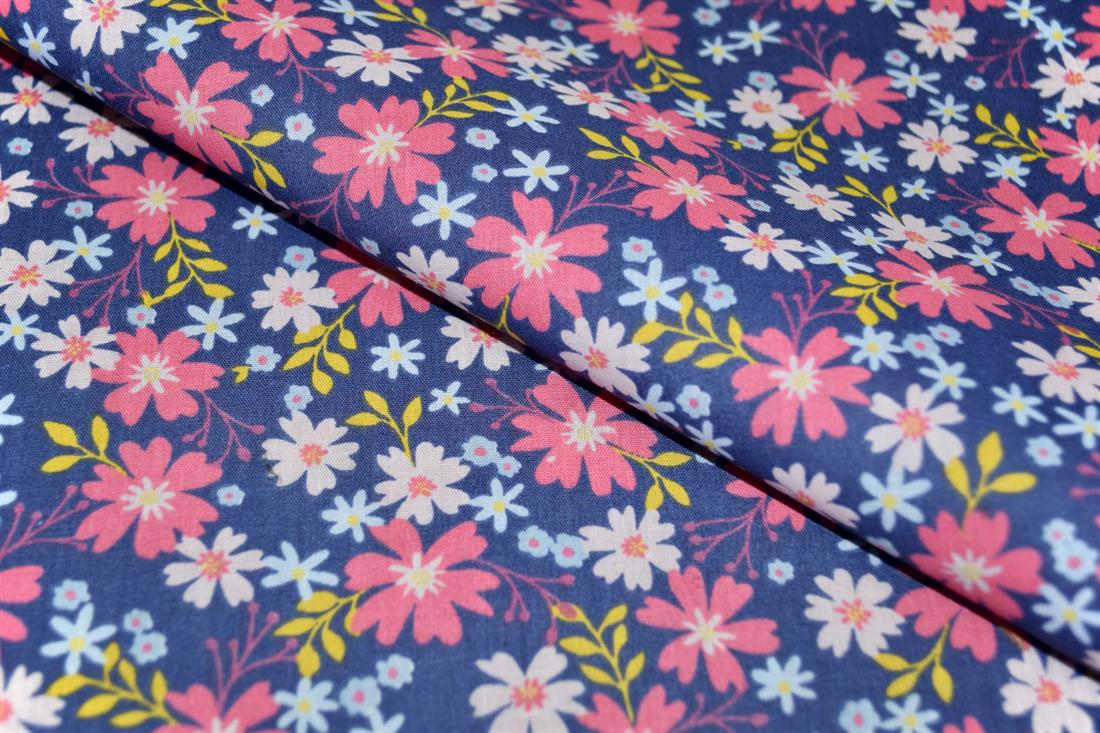 Navy & Pink Printed Poly Cotton Fabric