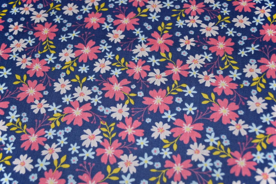 Navy & Pink Printed Poly Cotton Fabric