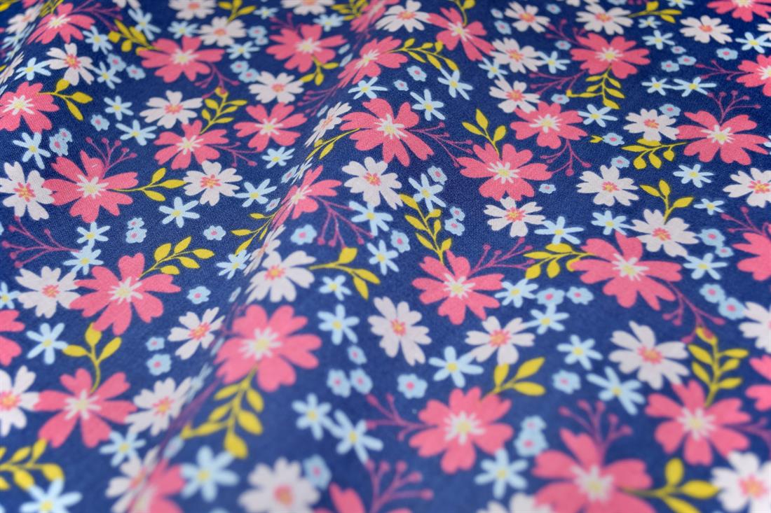 Navy & Pink Printed Poly Cotton Fabric