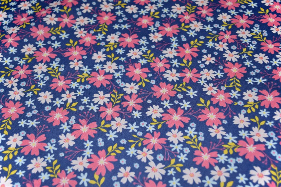 Navy & Pink Printed Poly Cotton Fabric
