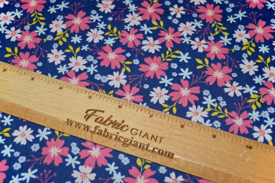 Navy & Pink Printed Poly Cotton Fabric