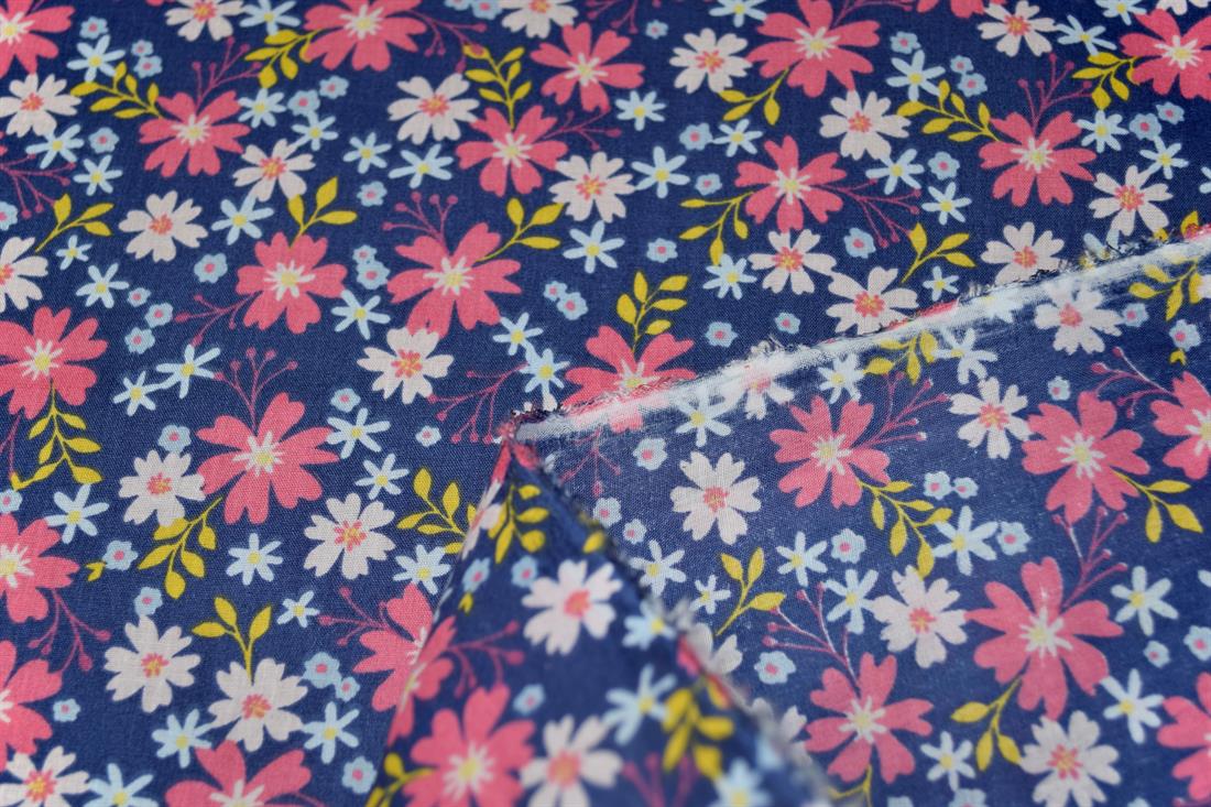 Navy & Pink Printed Poly Cotton Fabric