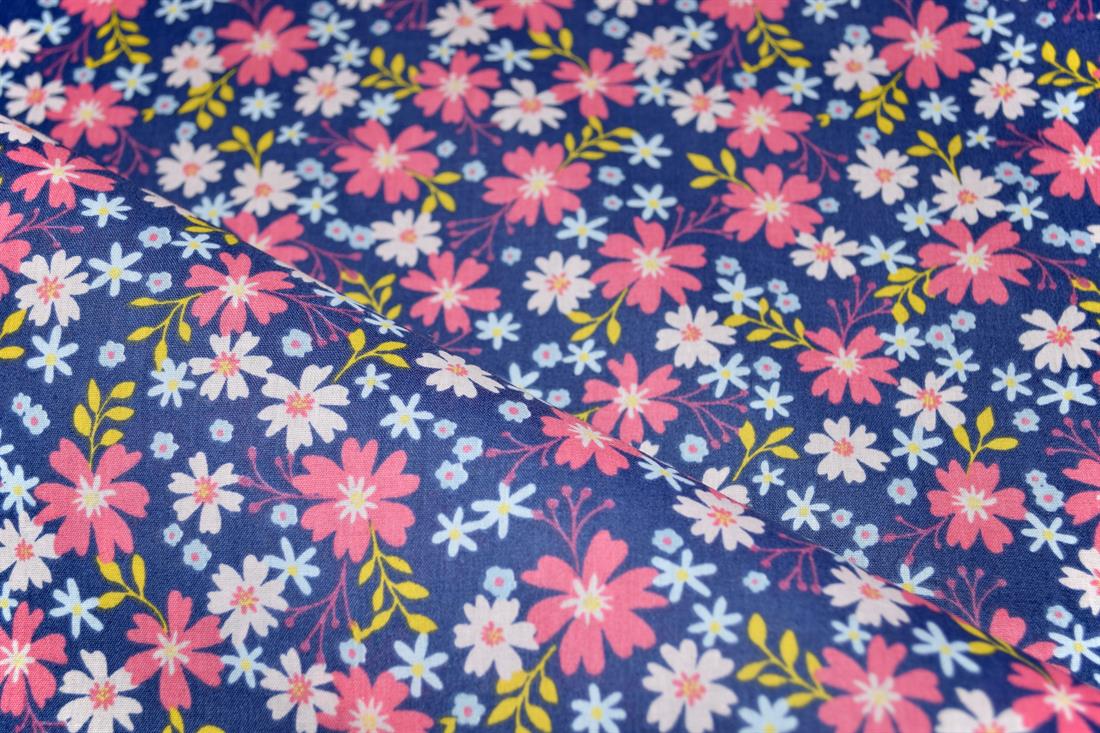 Navy & Pink Printed Poly Cotton Fabric