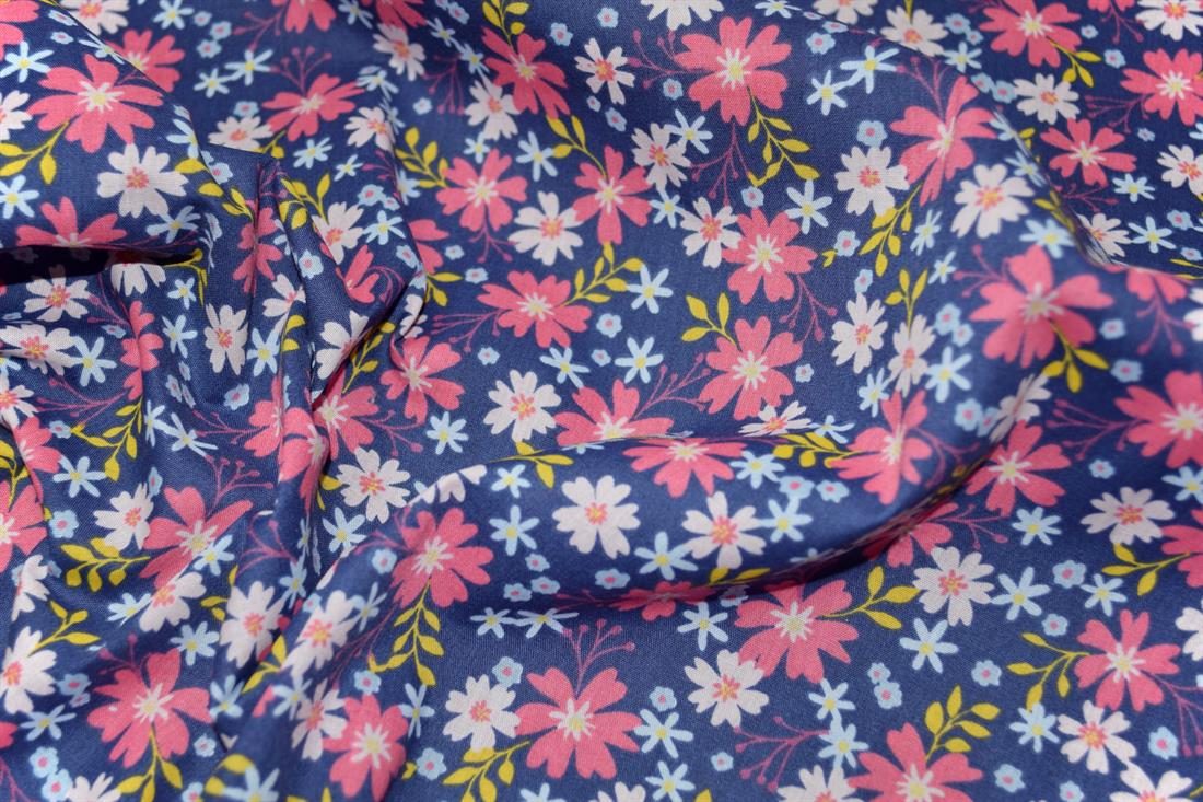 Navy & Pink Printed Poly Cotton Fabric