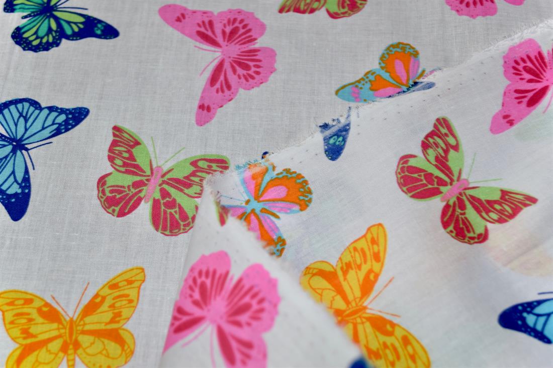 White Rainbow Butterfly Printed polyCotton Fabric