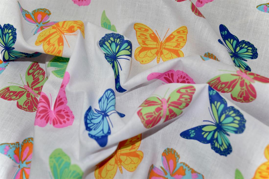 White Rainbow Butterfly Printed polyCotton Fabric
