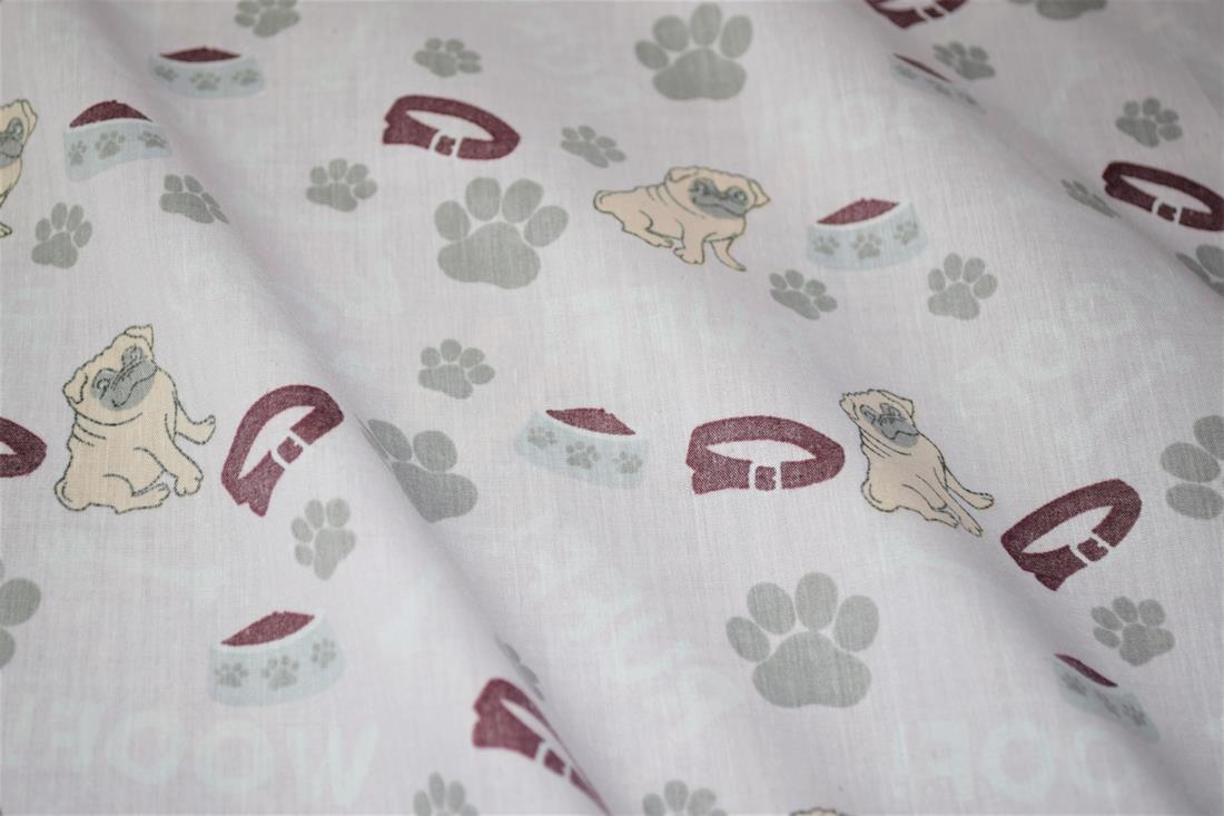 Pink Pug Paw Printed Poly Cotton Fabric