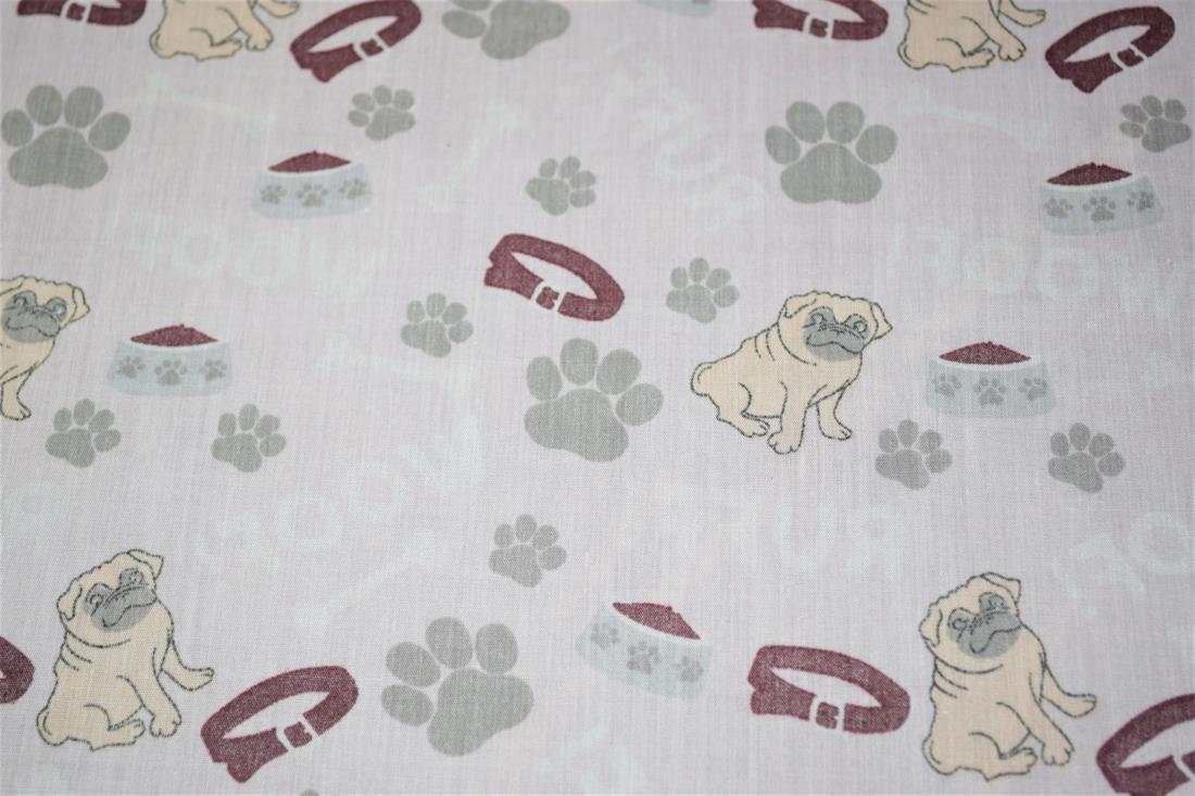 Pink Pug Paw Printed Poly Cotton Fabric