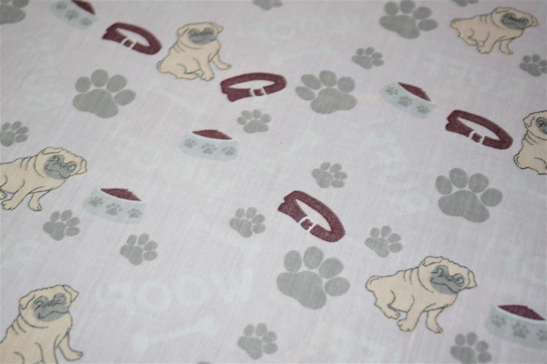 Pink Pug Paw Printed Poly Cotton Fabric