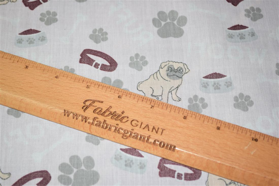 Pink Pug Paw Printed Poly Cotton Fabric