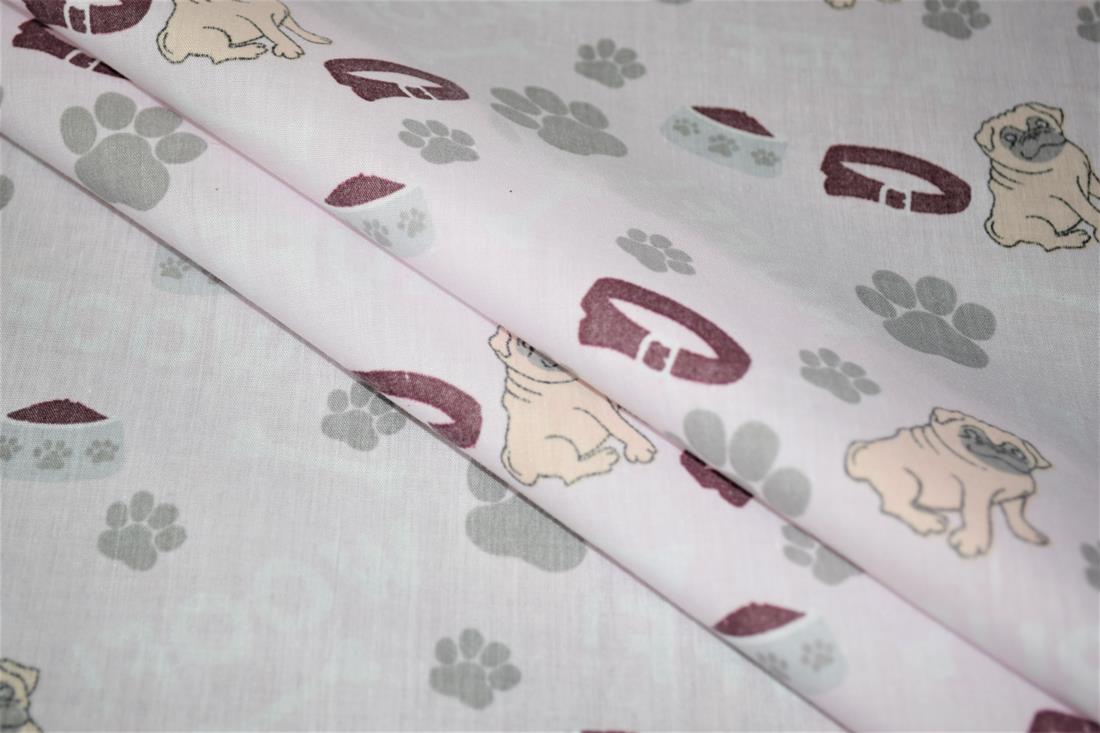 Pink Pug Paw Printed Poly Cotton Fabric