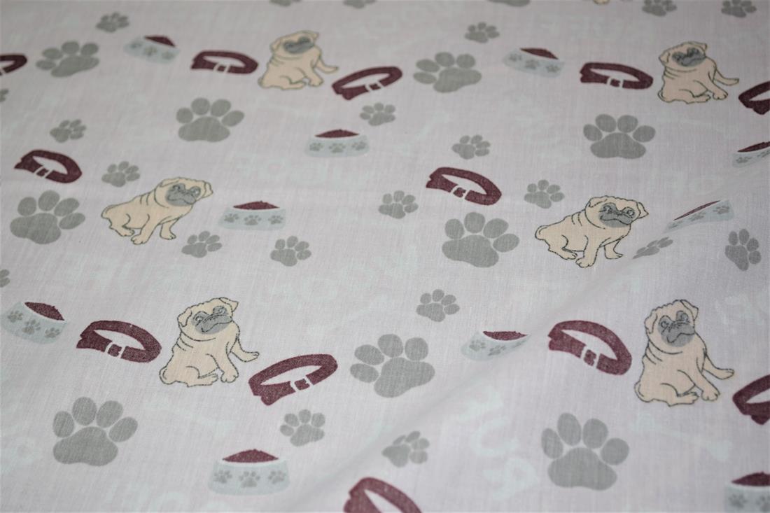 Pink Pug Paw Printed Poly Cotton Fabric