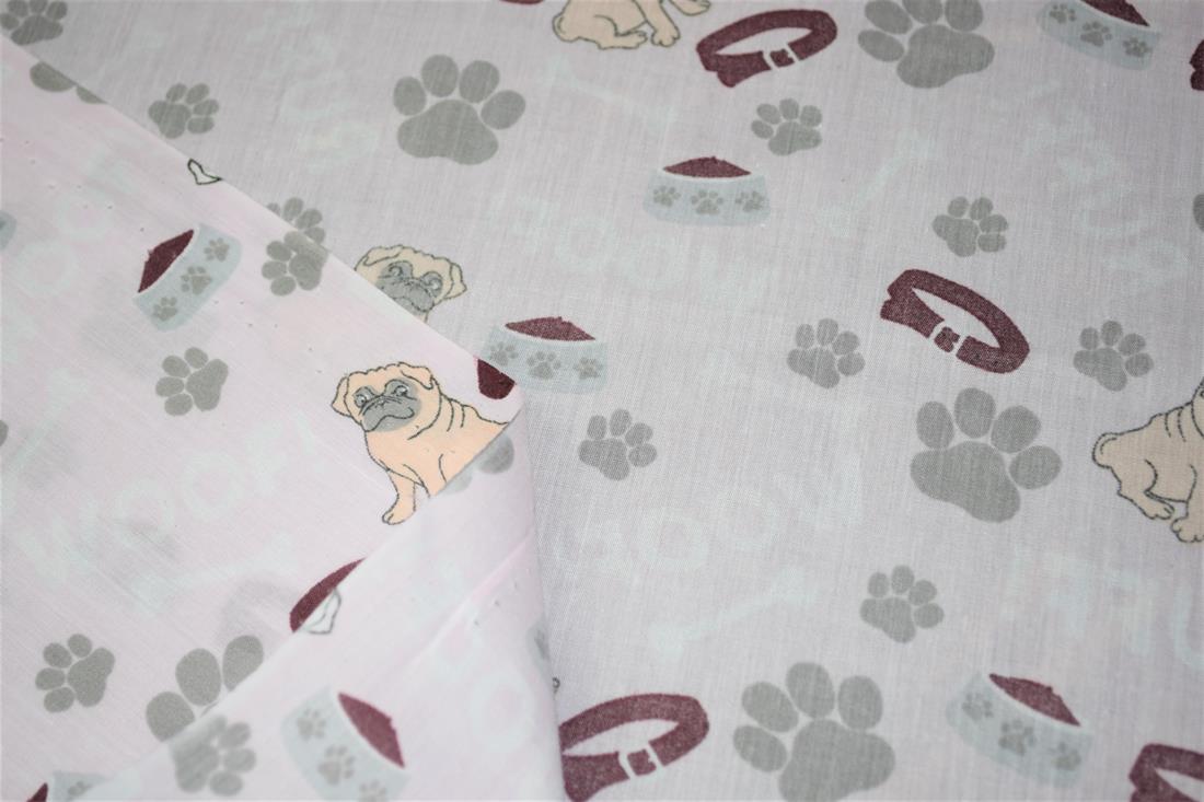 Pink Pug Paw Printed Poly Cotton Fabric