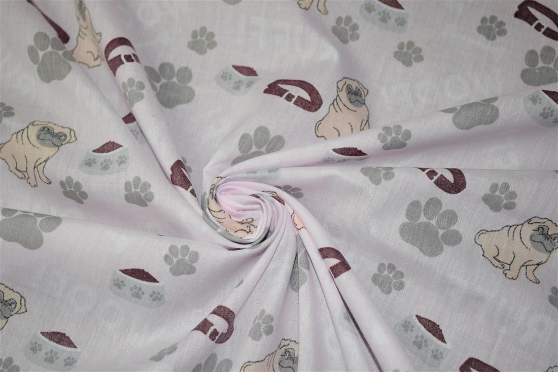 Pink Pug Paw Printed Poly Cotton Fabric
