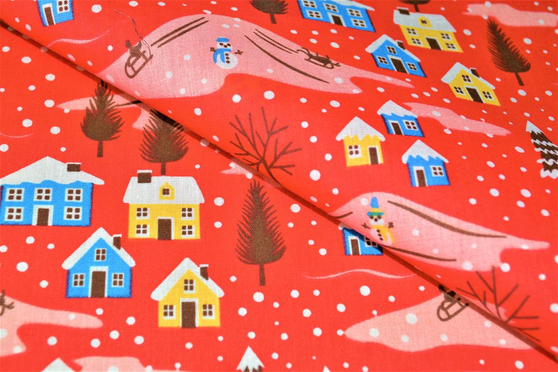 Snowy Homes Printed Christmas Festive Polycotton Fabric