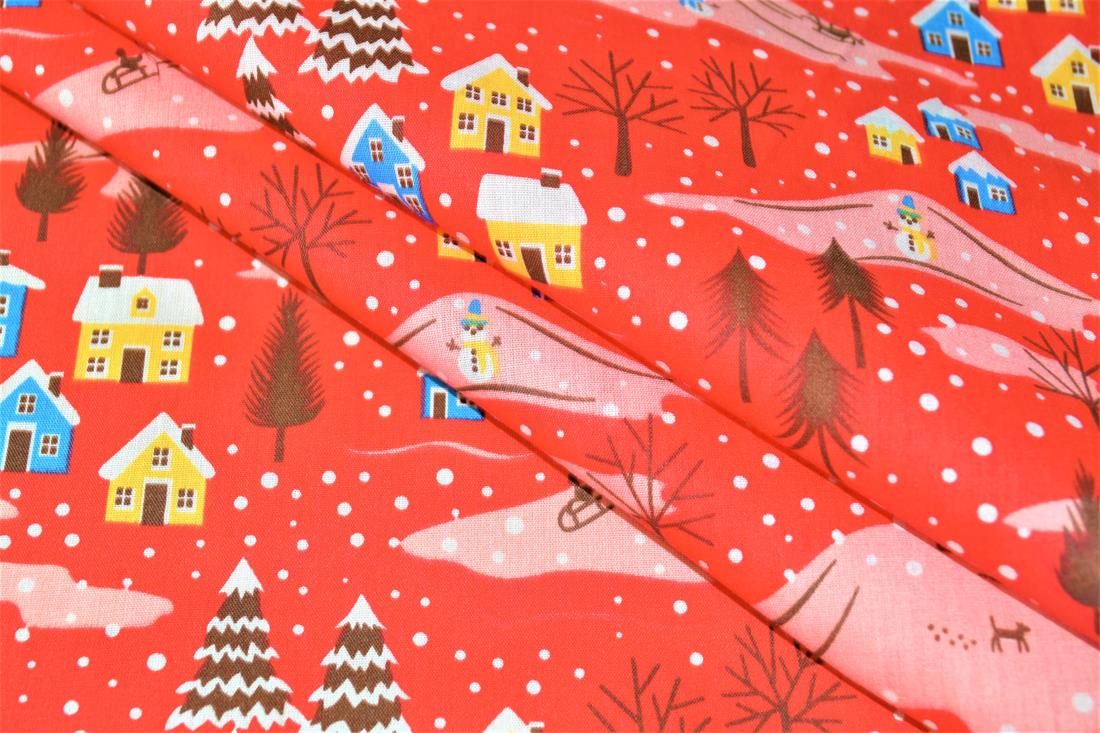 Snowy Homes Printed Christmas Festive Polycotton Fabric