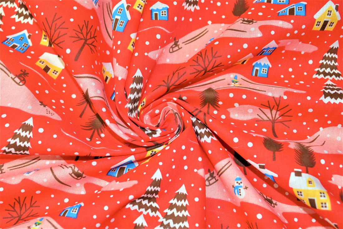Snowy Homes Printed Christmas Festive Polycotton Fabric