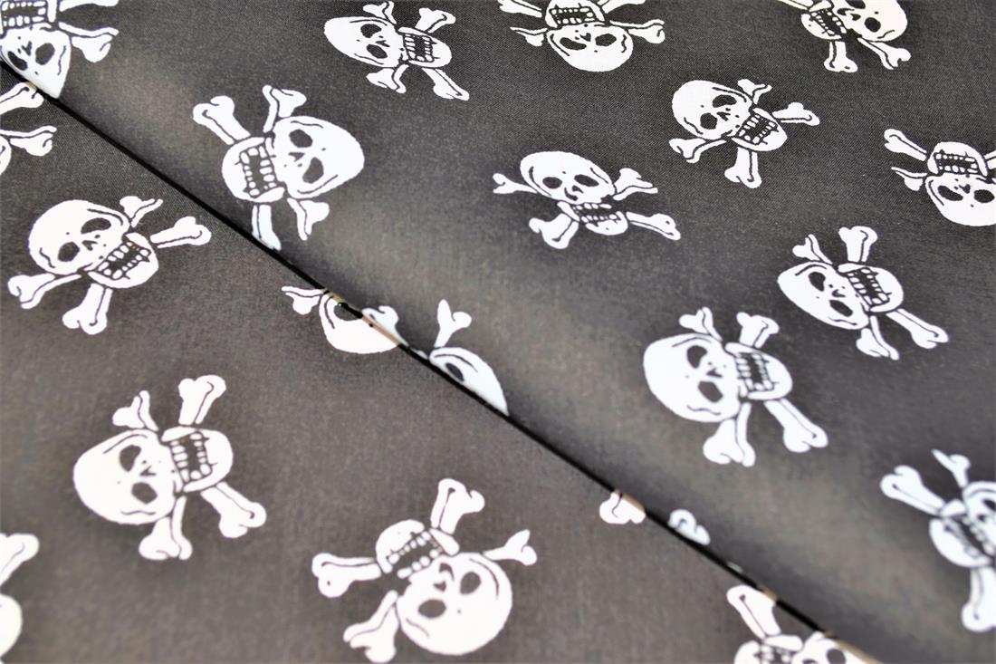 Black Skull and Cross Bones All Over Printed Poly Cotton Fabric