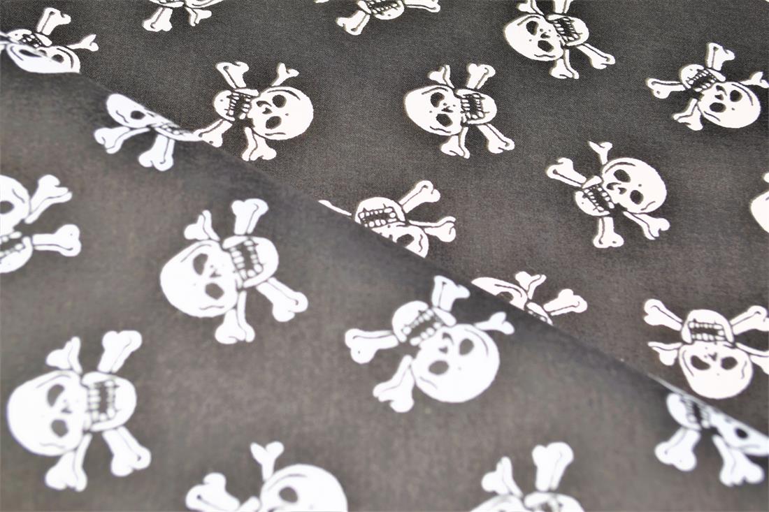 Black Skull and Cross Bones All Over Printed Poly Cotton Fabric