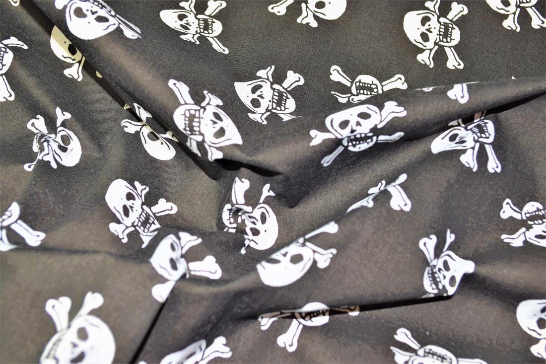 Black Skull and Cross Bones All Over Printed Poly Cotton Fabric