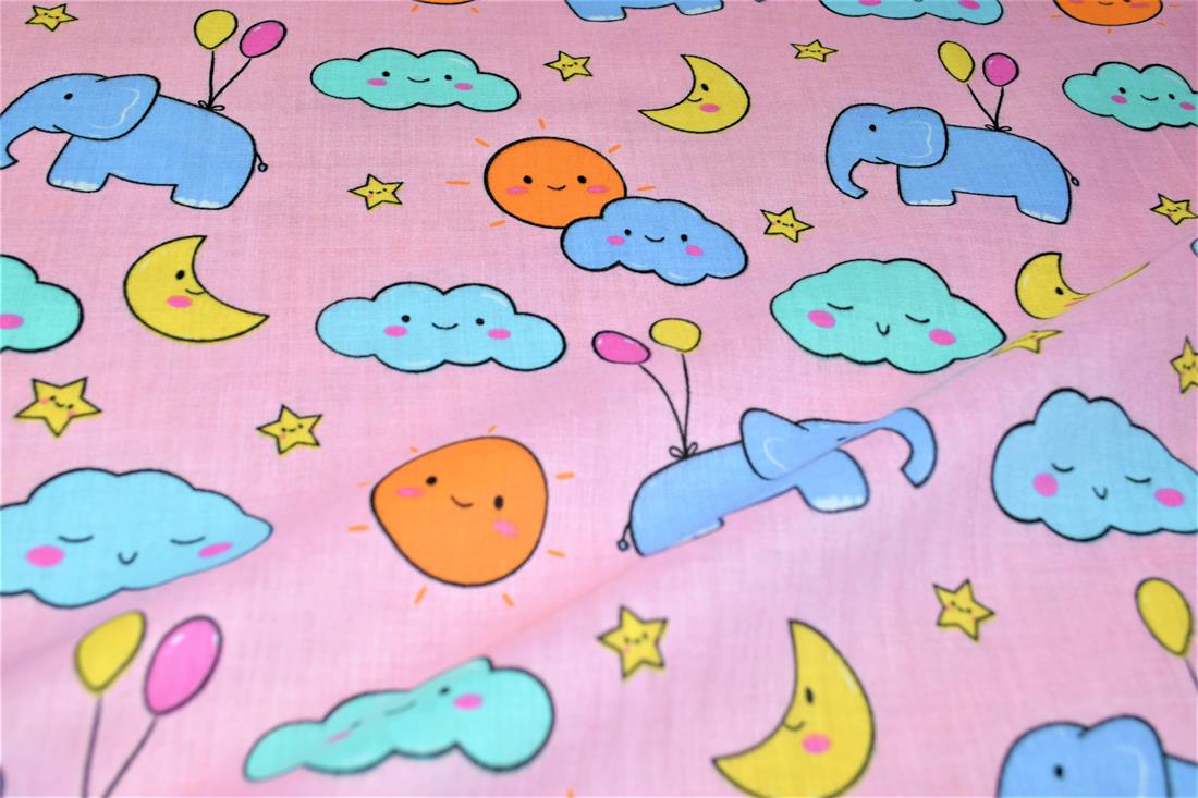 Cartoon Elephants Printed Poly Cotton Fabric