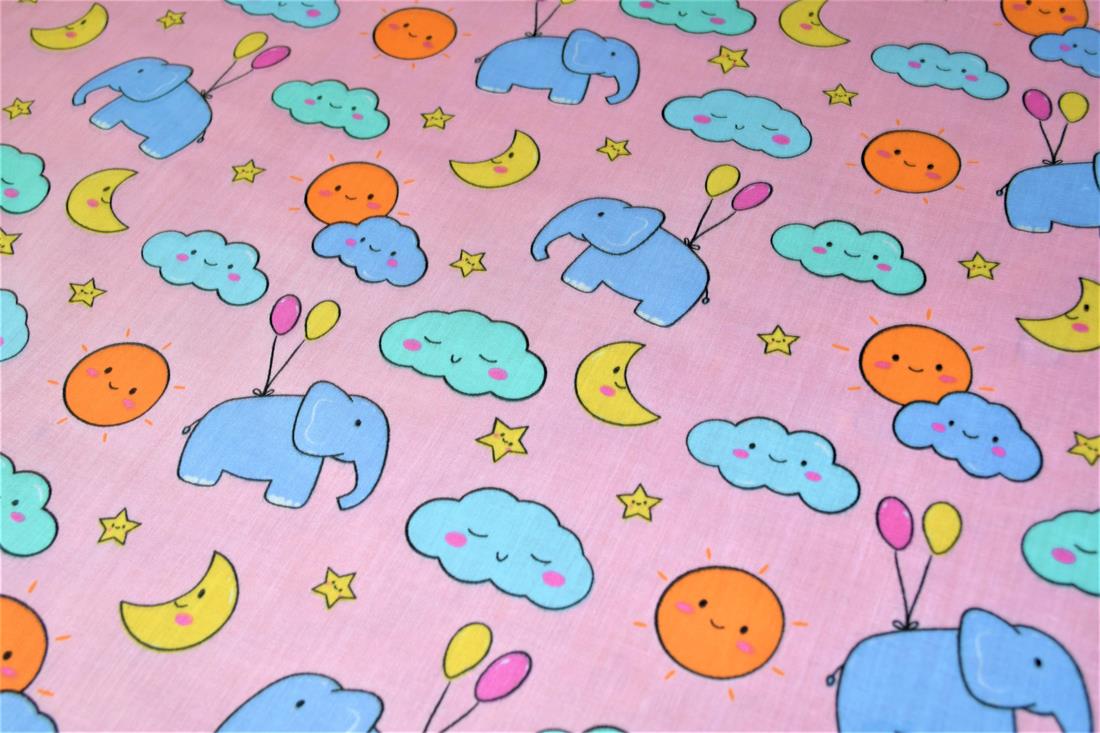 Cartoon Elephants Printed Poly Cotton Fabric
