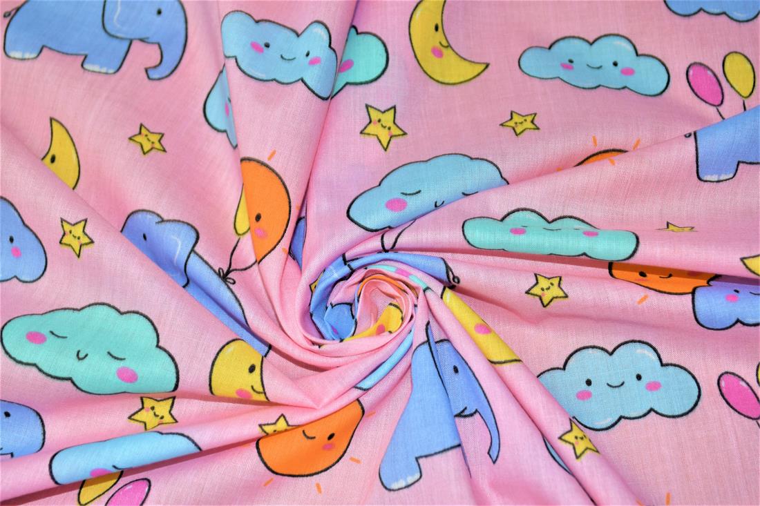 Cartoon Elephants Printed Poly Cotton Fabric
