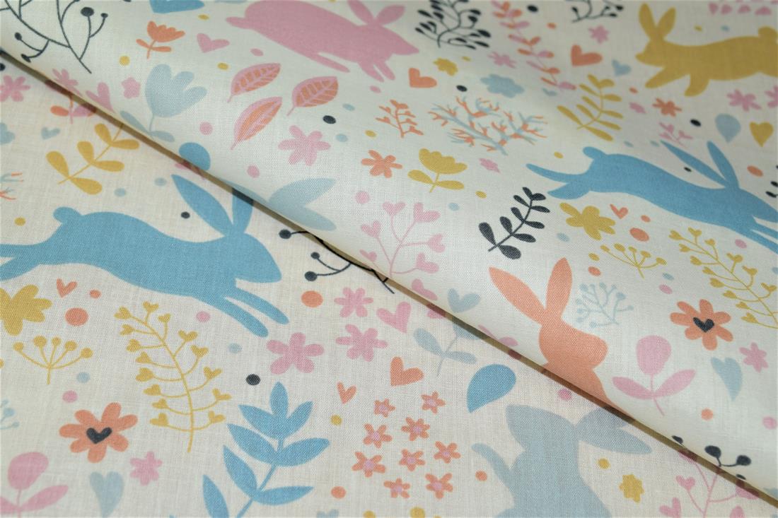 White Bunny Printed PolyCotton Fabric, Cute Woodland Rabbit
