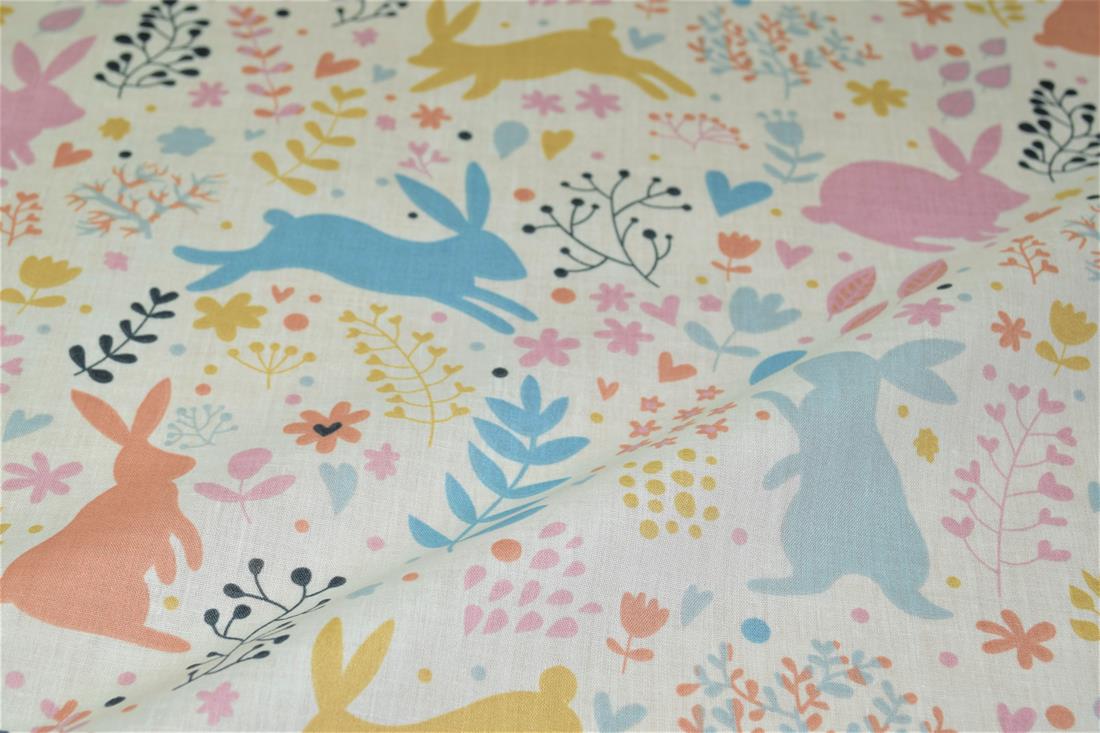 White Bunny Printed PolyCotton Fabric, Cute Woodland Rabbit
