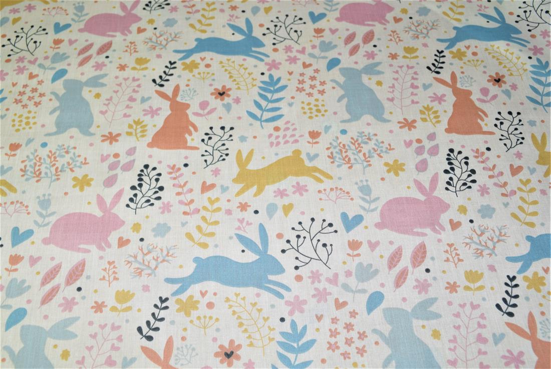 White Bunny Printed PolyCotton Fabric, Cute Woodland Rabbit