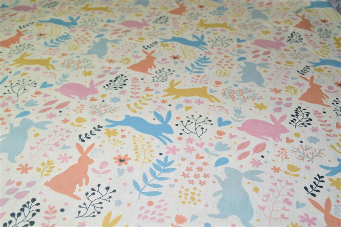 White Bunny Printed PolyCotton Fabric, Cute Woodland Rabbit