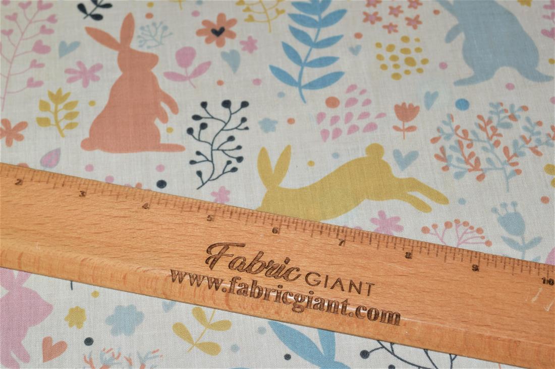 White Bunny Printed PolyCotton Fabric, Cute Woodland Rabbit
