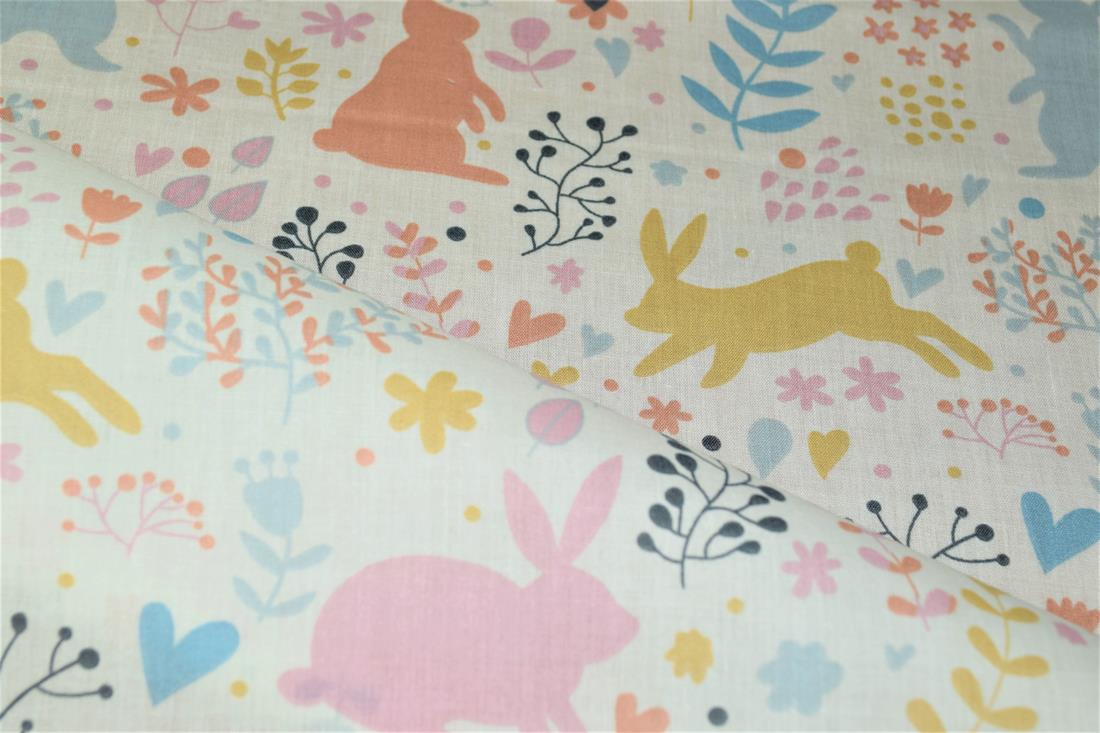 White Bunny Printed PolyCotton Fabric, Cute Woodland Rabbit