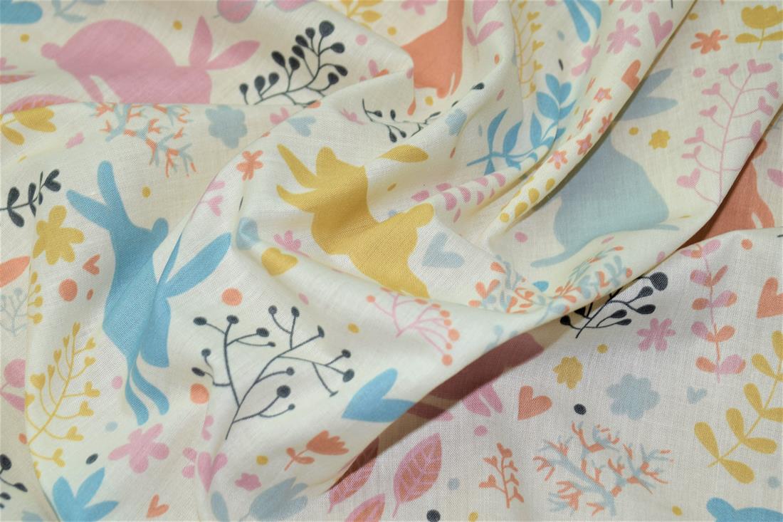 White Bunny Printed PolyCotton Fabric, Cute Woodland Rabbit