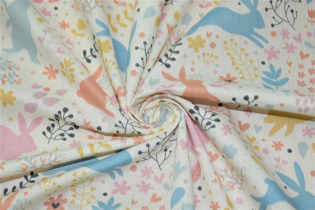 White Bunny Printed PolyCotton Fabric, Cute Woodland Rabbit