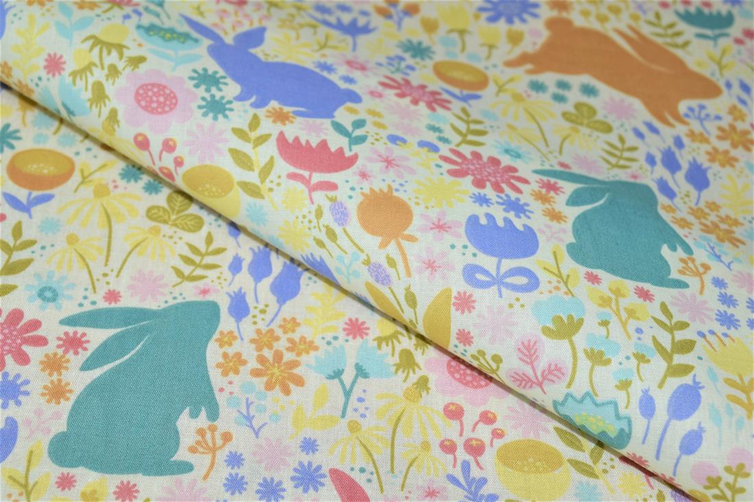 White Bunny Printed PolyCotton Fabric, Cute Woodland Rabbit
