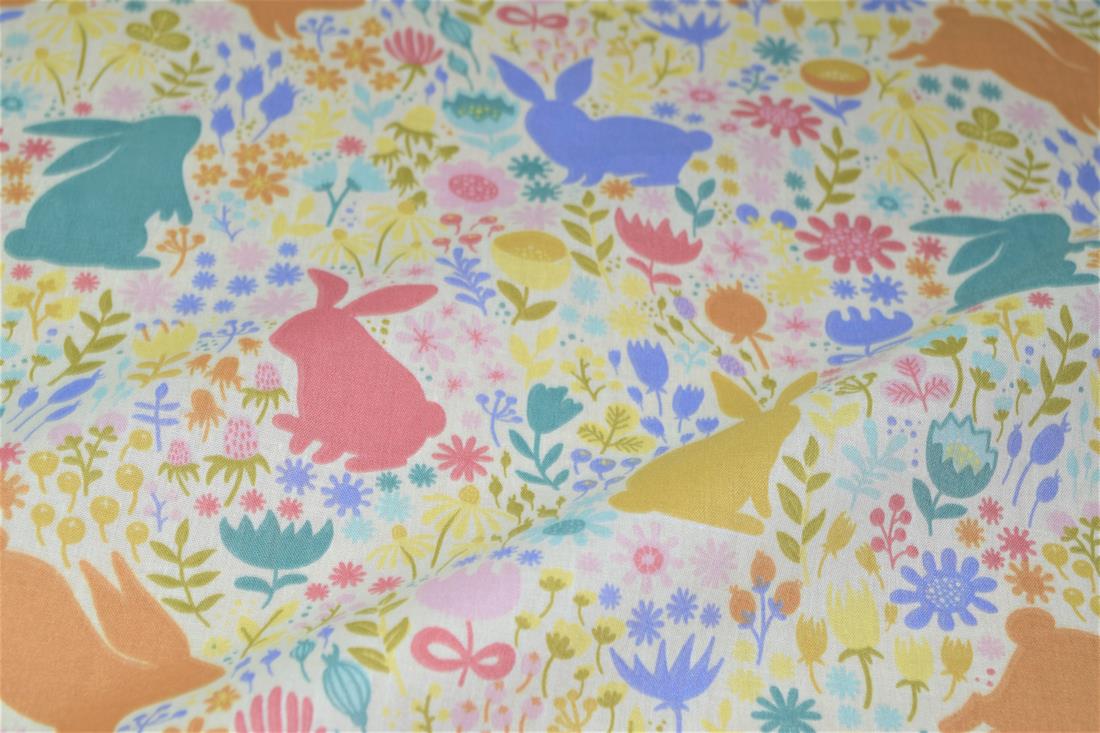 White Bunny Printed PolyCotton Fabric, Cute Woodland Rabbit