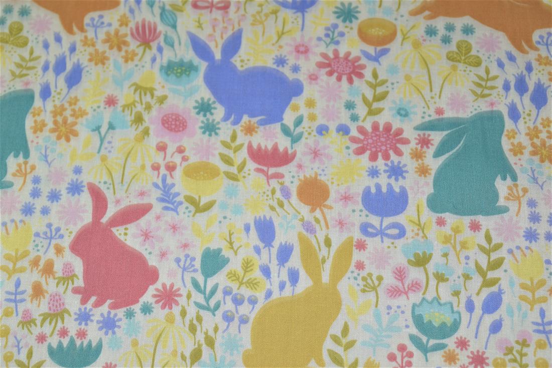 White Bunny Printed PolyCotton Fabric, Cute Woodland Rabbit