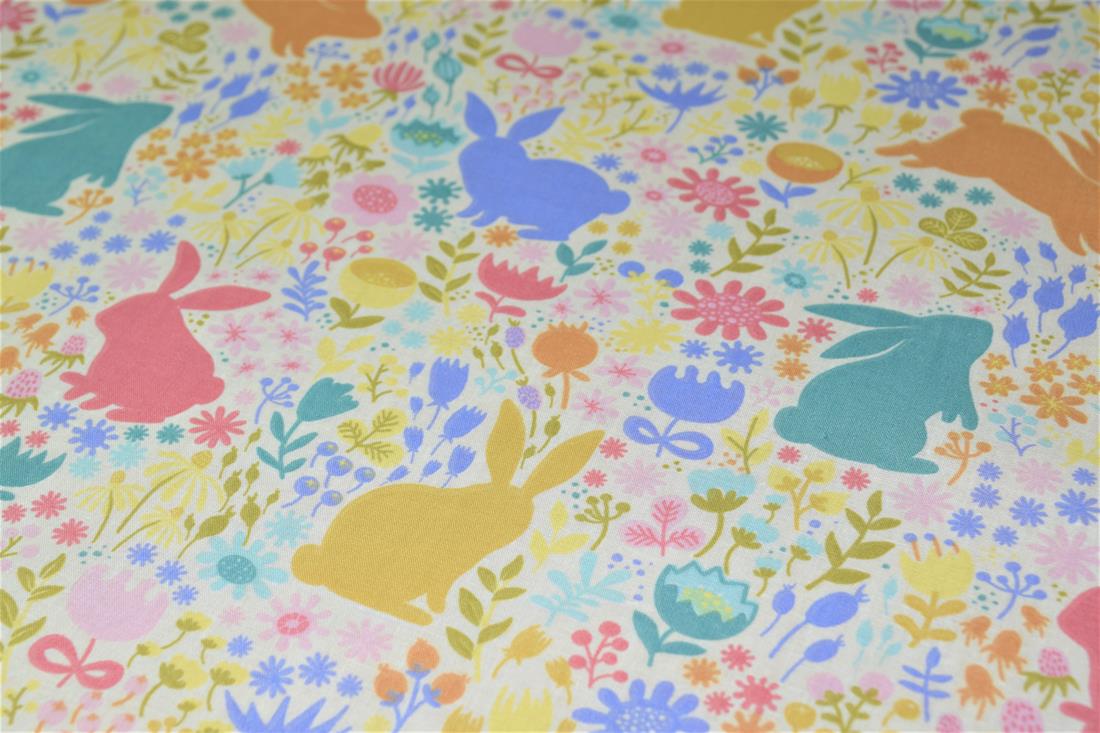 White Bunny Printed PolyCotton Fabric, Cute Woodland Rabbit