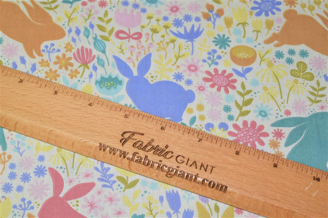 White Bunny Printed PolyCotton Fabric, Cute Woodland Rabbit