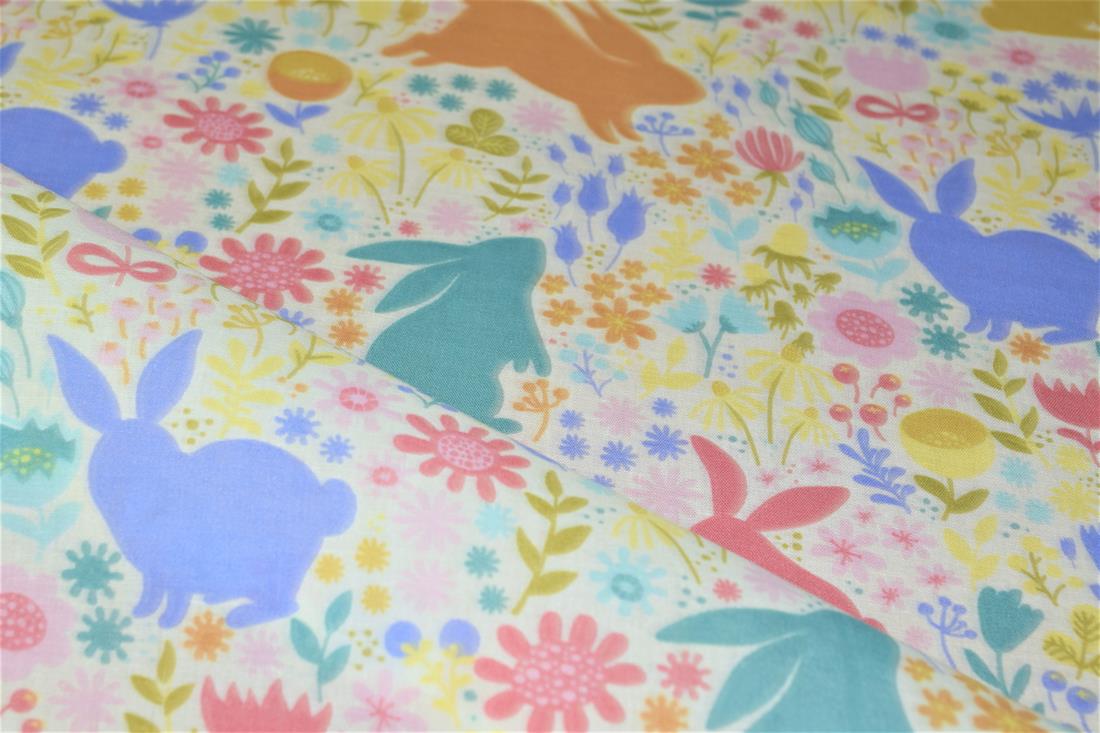 White Bunny Printed PolyCotton Fabric, Cute Woodland Rabbit