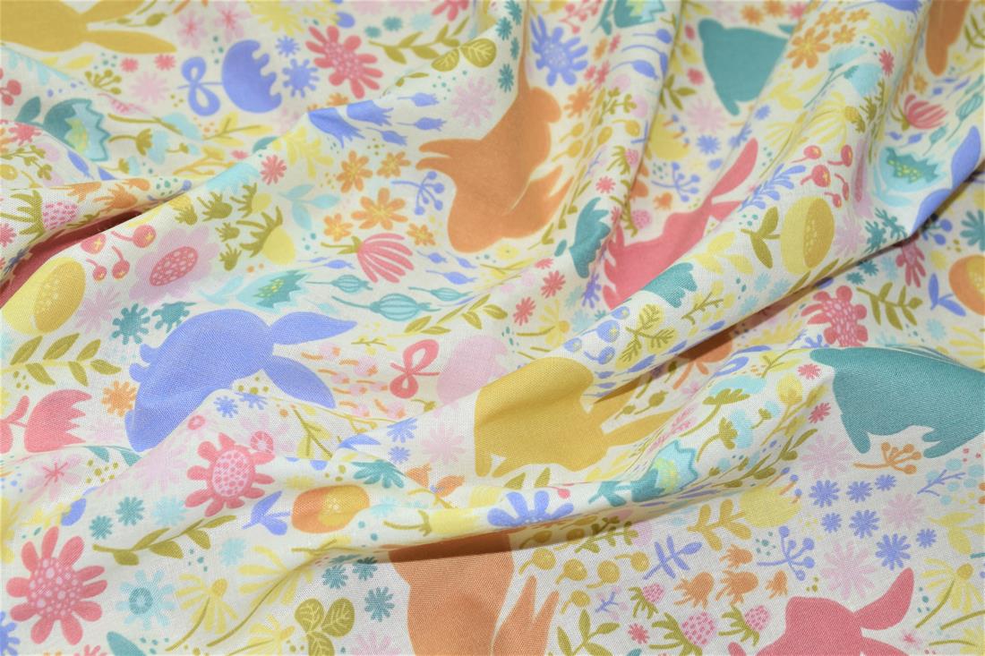 White Bunny Printed PolyCotton Fabric, Cute Woodland Rabbit