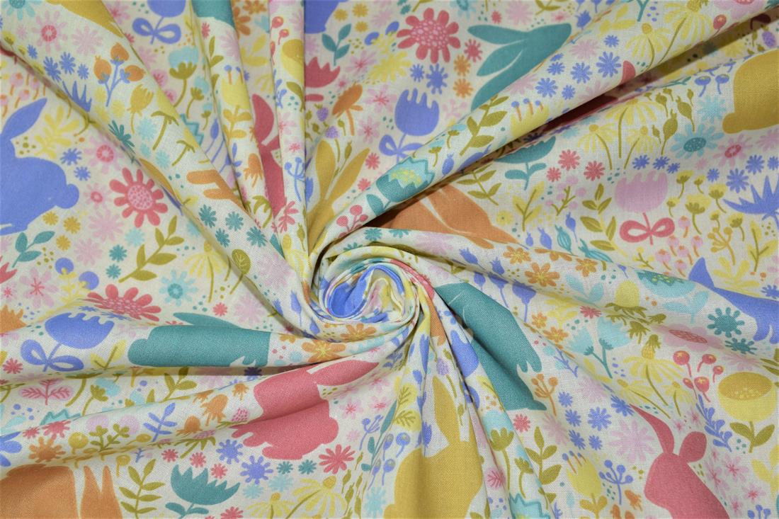 White Bunny Printed PolyCotton Fabric, Cute Woodland Rabbit