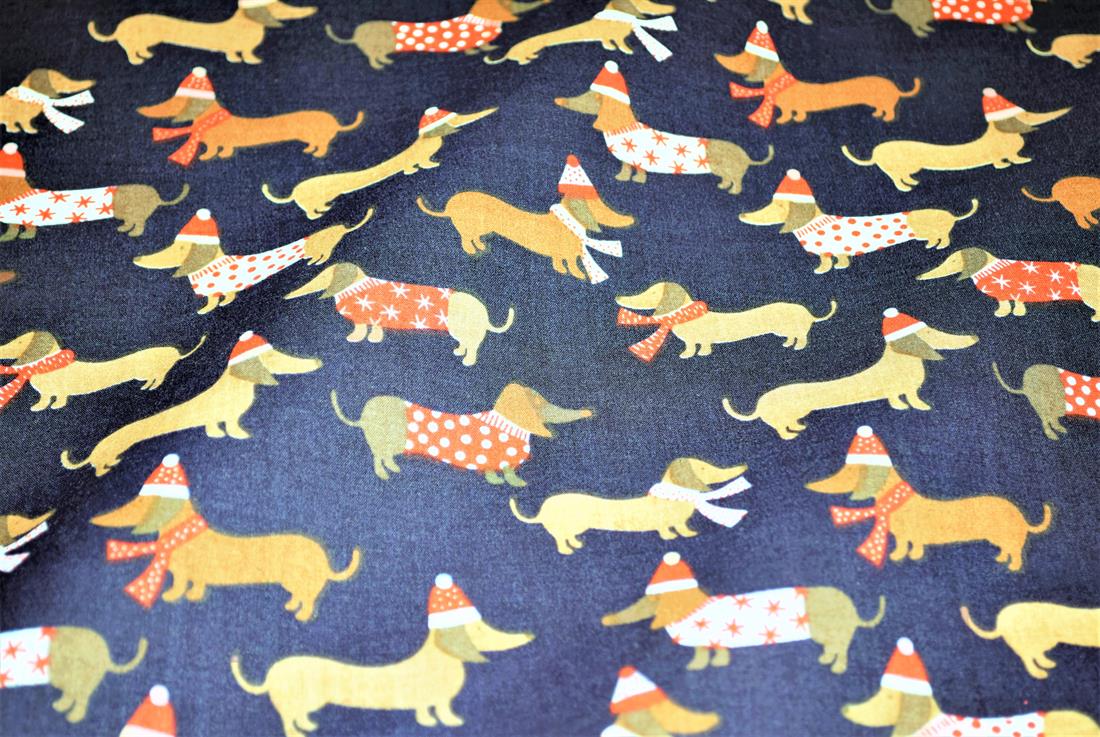 Sausage Dog Christmas Printed Poly Cotton Fabric