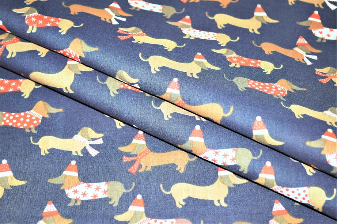 Sausage Dog Christmas Printed Poly Cotton Fabric